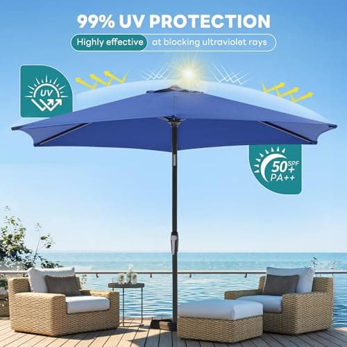 OLIXIS 7.5ft Patio Umbrella with Tilt and Crank Button & 8 Sturdy Ribs Waterproof, Patio Table Umbrella Perfect for Poolside, Terrace, Beach and Outdoor Restaurant, Blue
