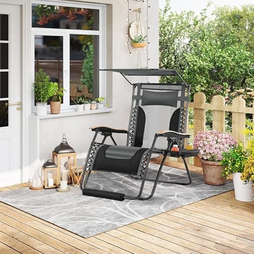 Yaheetech 29in Zero Gravity Chair, Adjustable Patio Padded Anti Gravity Recliner Foldable Outdoor Lounger with Cup Holder Tray, Canopy Shade and Headrest for Beach Camping Gray/Black/1