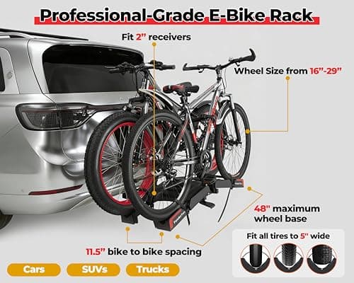 Ebike Rack with Ramp for 2 E-Bikes, Hitch Bike Rack Fits 5" Fat Tire, Heavy-Duty Platform Carrier with Ramp, Foldable Tilting Locking, 2" Receiver for Cars SUVs Trucks, No Assembly