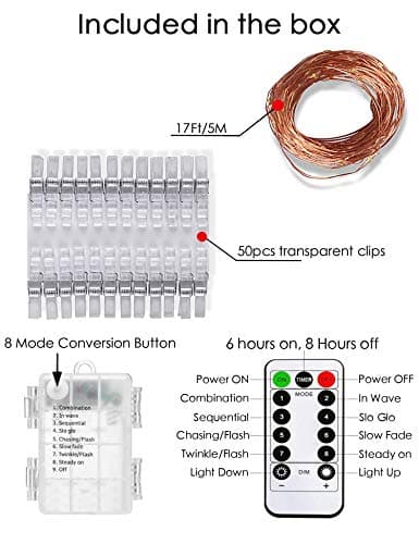 LECLSTAR 50 LED Photo Clips String Lights, 17ft with Remote - 8 Modes Fairy Lights to Clip on Pictures, Photos, Cards