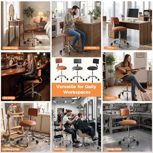 Rolling Stool Chair with Wheels, Office Drafting Chair with Back Support, Height Adjustable Standing Desk Stool with PU Leather Cushion for Home Office Kitchen Vanity Spa Garage Tattoo Dentist, Camel