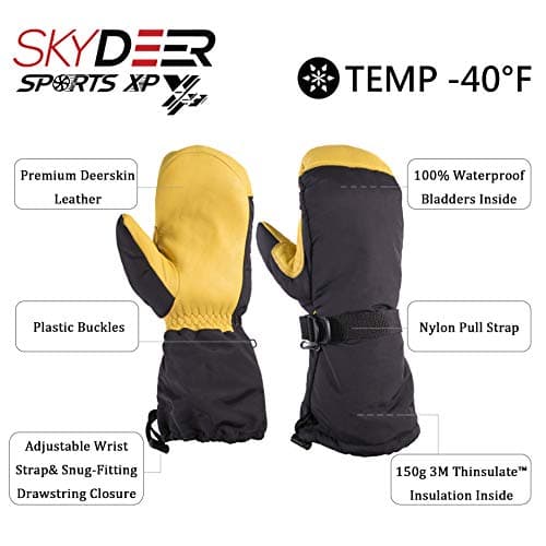 SKYDEER Waterproof and Windproof Genuine Deerskin Leather Ski Gloves with 150G 3M Thinsulate Insulation (SD8648T)