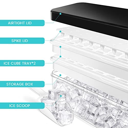 Ice Trays for Freezer with Lid & Bin, Ice Cube Tray Making 64 pcs Ice Cubes, Easy Press to Release Ice, Ice Tray with Storage Bin Chilling Cocktail Whiskey Coffee 2 Trays 1 Ice Bucket & Scoop (Black)