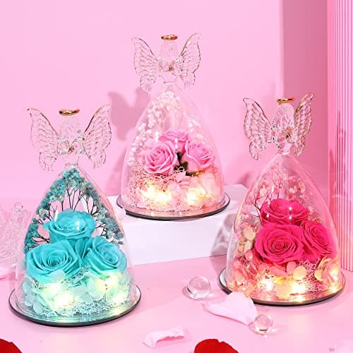 Christmas Rose Gifts for Women Preserved Real Flower in Glass Angel Figurines Roses for Delivery Prime Birthday Gifts for Mom Grandma Girlfriend Wife Her - Purple
