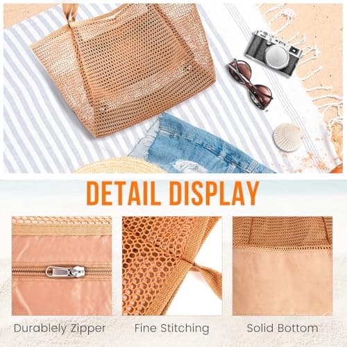 HOHOM Beach Bags for Women, Summer Travel Mesh Tote Bag with Large Inner Pocket, Sandproof Woven Shoulder Handbag