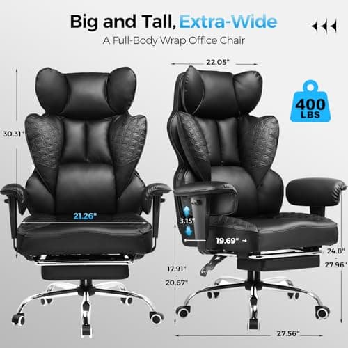 COMHOMA Big and Tall Office Chair 400LBS Wide Ergonomic Gaming Chair with Deluxe Embossing Designed Leather with Foot Rest,150°Reclining Adjustable Armrests Pocket Spring Back Support and Pillow