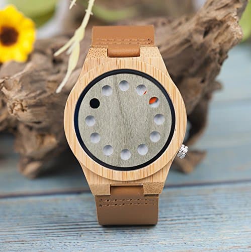 BOBO BIRD Men's Bamboo Wooden Watch with Black Cowhide Leather Strap 12 Holes Timer Design Sports Casual Watches