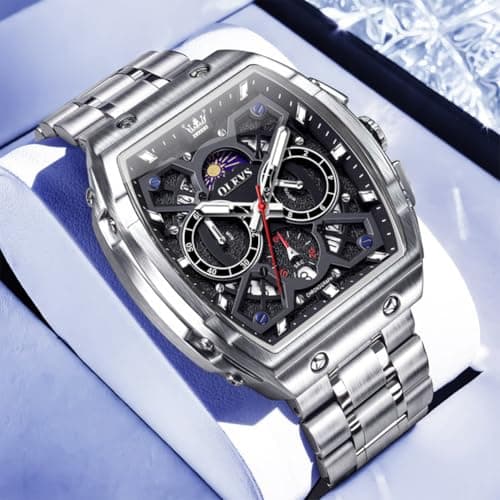 OLEVS Watches for Men Analog Quartz Luxury Diamond Waterproof Chronograph Stainless Steel Big Face Square Date Moon Phase Roman Numeral Dress Watch for Men
