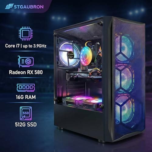 STGAubron Gaming PC Desktop Computer, Intel Core I7 up to 3.9 GHz, Radeon RX 580 8G, 16G RAM, 512G SSD, WiFi, Bluetooth 5.0, RGB Fan x6, RGB BT Sound Bar, Windows 10 Home