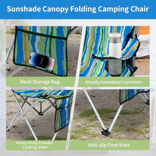 Camping Chair with Adjustable Canopy Shade, Portable Folding Chair with Cup Holder & Side Pocket for Beach, Fishing, Camping - Support 330 LBS (Streak)