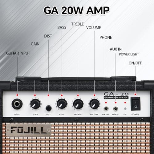 Fojill 20W Watt Electric Guitar Amplifier Amp Practice Small Portable Travel Mini Amp with 3.5 Headphone Jack Aux Distortion Gain Treble Bass Volume (Black, 20W)