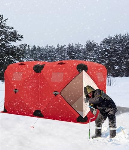 GarveeLife Ice Fishing Insulated Tent, Large Pop-Up Portable Hub-Style Ice Fishing Shelter, 6-7 Person Shelter 68 Square Feet of Fishable Area