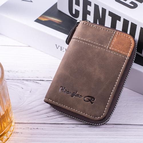 Lubsmuns RFID Card Holder, Slim RFID Blocking Card Wallet, Leather Zipper Credit Card Holder Gift for Men Women (Brown), Brown, slim, Minimalist