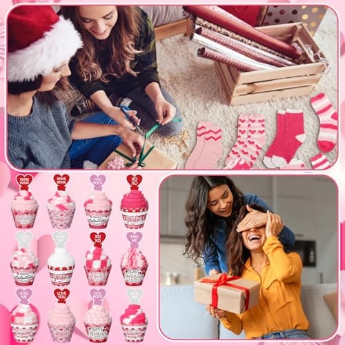 Ramede 12 Set Valentine's Day Cupcake Socks for Women Pink Fuzzy Fluffy Socks Galentine's Day Present for DIY Valentines Birthday Friendship Gift