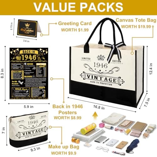 YeohJoy 80th Birthday Gifts for Women Canvas Tote Bag Travel Gear, Unique 80 Years Old Birthday Gifts for Mom Wife Aunt Friends Her, Vintage 1945 Handbag & Cosmetic Bag & Back in 1945 Poster