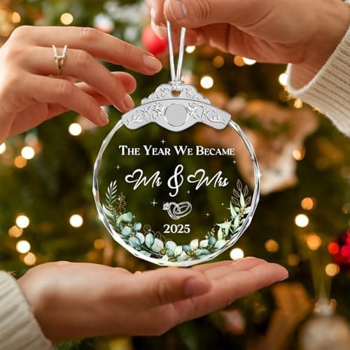 Glass Ornament - Mr & Mrs 2025 Wreath Leaf Wedding Ornaments - Newlywed Gifts for Couples 2025 - Couple Ornament for Bride and Groom - Elegant Engagement Keepsake for Christmas Tree Décor