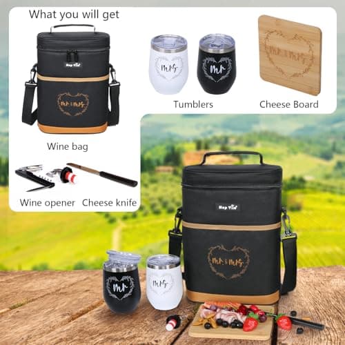 Hap Tim Wedding Gifts for Couples, Bridal Shower Gifts, Engagement Gifts for Newlyweds, Mr and Mrs gifts - Wine Cooler Bag Insulated Wine Carrier Tote with Tumblers, Bamboo Cheese Borad B0D8DR2S84