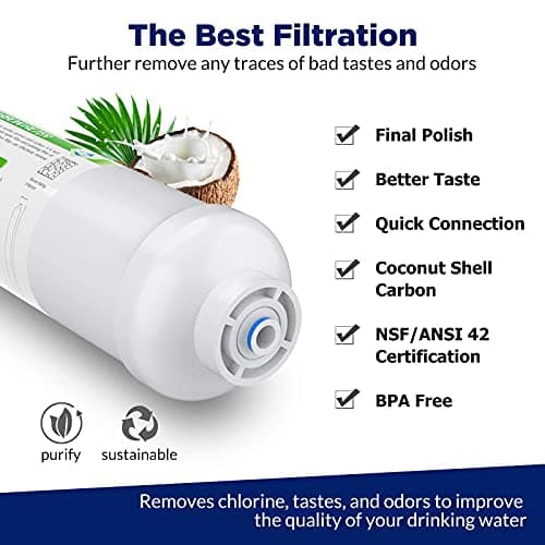 Membrane Solutions T33 Inline Water Filter, 2-Pack 1/4" Quick-Connect Replacement Cartridges for Refrigerator & Ice Maker, Post-Carbon Filter for Reverse Osmosis Systems, Push-to-Connect