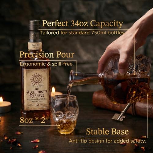 Spooky Skeleton Glass Decanter, Dark Academia Home Bar Decor & Man Cave, Cool Halloween Gifts for Men & Whisky Lovers Gothic Skull Whiskey Decanter Set, 34 oz, with 2 Rocks Glasses B0HC61CTR3