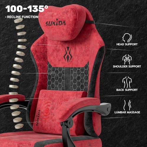 SUKIDA Fabric Video Gaming Chair, Ergonomic High-Back Computer Game Chairs with Large Massage Adjustable Lumbar Support, Headrest and Linked Armrests for Long Hours Sitting Task Chair, Red
