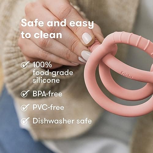 Frida Baby Get-A-Grip Silicone Teether for Teething Pain Relief, BPA-Free Food-Grade Teething Toys for Infant Baby Newborn 0-6, 12, 18 Months, Easy-Grip Teether Ring, PVC-Free, Pink