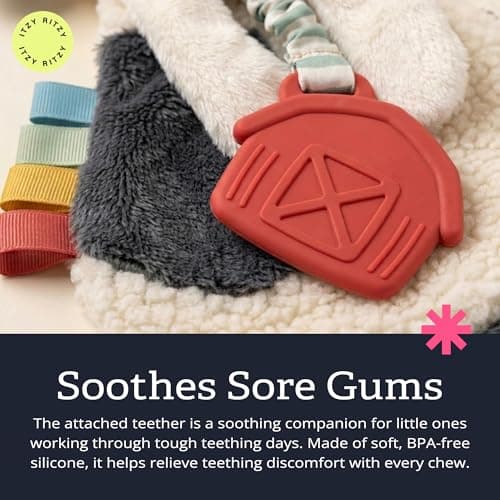 Baby Lovey With Soft Sherpa, Plush Minky, Silicone Teether, Crinkle Sounds, Textured Ribbons, and Interactive Dangle Arms Itzy Ritzy Lovey Including Teether, Teething Relief, 0 Months & Up (Cow) B0CQRVXT68