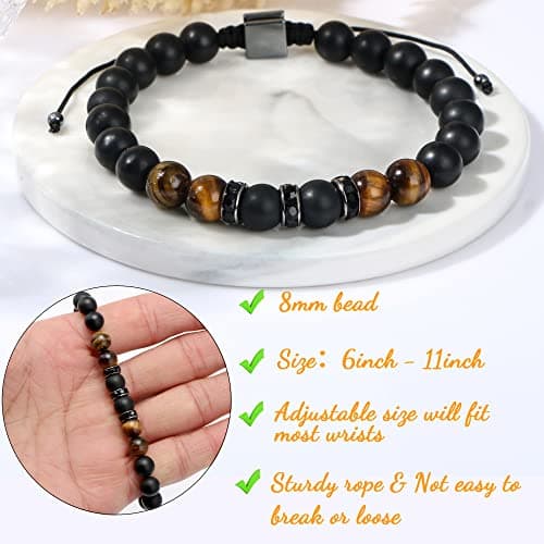 JoycuFF Gifts for Men Natural Tiger Eye Black Matte Agate Bracelets, Christmas Birthday Gifts for Boyfriend Husband Brother from Girlfriend Wife, To My Man Bead Bracelets