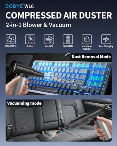 Compressed Air Duster, 2-in-1 Duster Blower & Vacuum with 320000RPM Super Power, Electric Air Duster Rechargeable, 3-Gear Adjustable Air Blower for Keyboard, Computer, Car, Home, and Outdoor Cleaning
