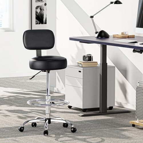SUPERJARE Drafting Chair with Back, Adjustable Foot Rest Rolling Stool, Multi-Purpose Office Desk Chair, Thick Seat Cushion for Home Bar Kitchen Shop - Black