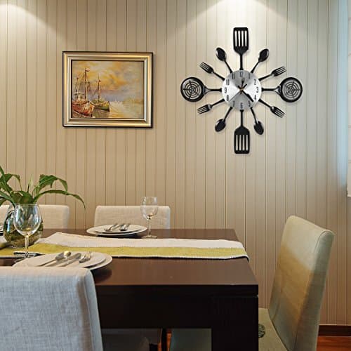 CIGERA 16 Inch Cutlery Kitchen Wall Clocks with Fork and Spoon Dial, Silent Clock Movement and Battery Operated, Great Wall Decor and Housewarming Gifts