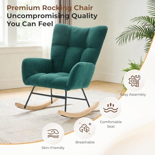 DUMOS Nursery Rocking Chair Teddy Upholstered, Comfy Glider Rocker with High Backrest Armchair Padded Seat, Accent Side Chair for Living Room Bedroom Offices Small Spaces Indoor, Green