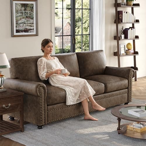 ONBRILL Faux Leather Sofa, 84 Inches Nailhead Trim Couch for Living Room, Mid-Century Modern Deep Seat Sofa with Rolled Arms, Classic 3 Seater Couch for Apartment, Office, Brown