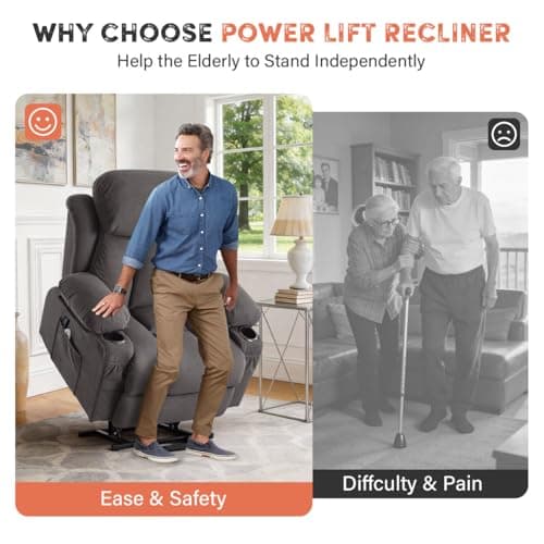 BOSMILLER Power Lift Recliner Chair with Massage and Heat for Elderly, Electric Recliner Single Sofa with Two Cup Holders, Extended Footrest, Side Pocket and USB Charge Port for Living Room