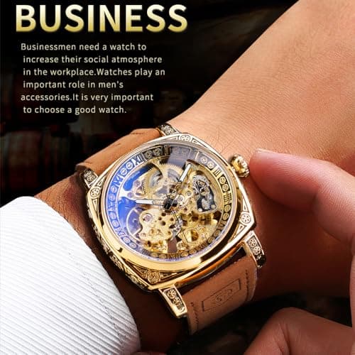 FORSINING Watches for Man, Square Retro Mechanical Watch Self-Wind Carved, Skeleton Automatic Watches Vintage Leather Strap Wristwatch