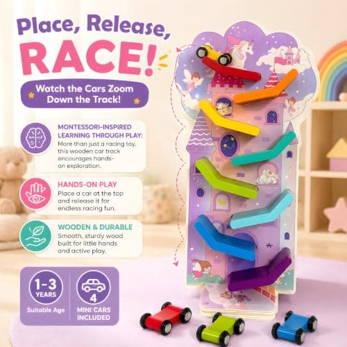 Montessori Toys for 2 Year Old Girls and Boys; Wooden Car Ramp for Cause-and-Effect and Hand-Eye Coordination; Birthday Gift Unicorn Car Ramp Toys for Toddlers 1-3, Wooden Race Track with 4 Mini Cars B0H7HBYL82