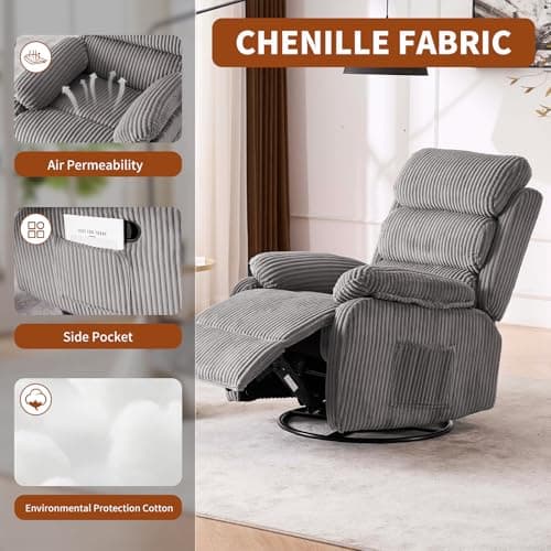 Plush Premium Velvet 360° Swivel Rocker Recliner Chair - High Back Glider with Generous Footrest, Supportive Armrests & Side Pocket for Nursery, Living Room & Small Spaces Grey
