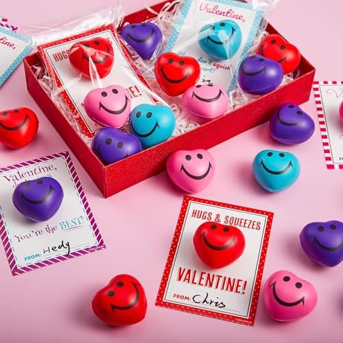 JOYIN 28 Packs Heart Shape Stress Ball with Cards Stress Relief Fidget Toy for Valentine Party Favors, Classroom Prize Supplies, Valentine’s Greeting Cards, Valentine Exchange Gifts