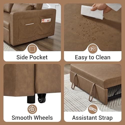 N NOORDENIYA 55'' Leather Sofa Bed, Pull Out Sleeper Sofa Couch Bed, Loveseat Sleeper, Futon Sofa Couch with Side Pocket, Convertible Sofa Bed for Living Room, Apartment, Bedroom, RV, Brown
