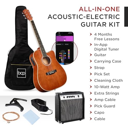 Best Choice Products Beginner Acoustic Electric Guitar Starter Set w/ 41in, All Wood Cutaway Design, Gig Bag, Strap, Picks - Natural Mahogany