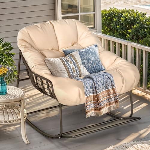YITAHOME Rocking Papasan Chair, Wide Rocking Chair, Comfy Indoor and Outdoor Lounge Chair with Thick Cushion for Bedroom, Living Room, Patio, Porch, Garden, Deck, Lawn (Beige)