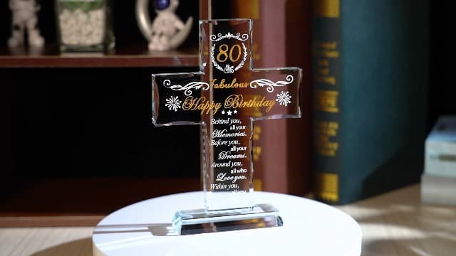 80th Birthday Religious Gifts for Women, Men, Friends, Grandma & Mom - Glass Stand Cross Engraved with 80 Year Old Birthday Blessing, Turning 80 Keepsake Home Decor