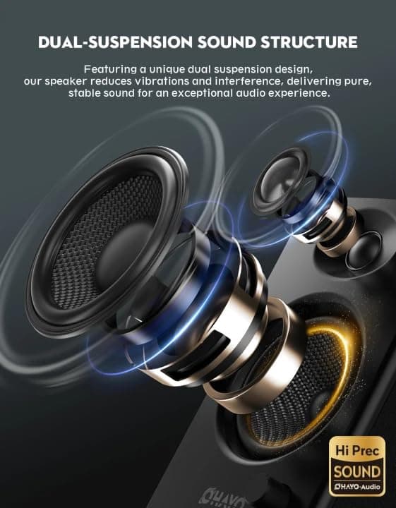 OHAYO 60W Computer Speakers for Music and Gaming, Active Bluetooth 5.3, Stereo 2.0 Speakers for Desktop PC or Laptop, 3.5mm Aux RCA USB Input, 1 Pair, Black