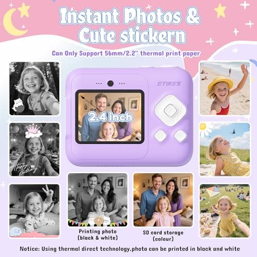 Kids Camera, 1080P Instant Digital Print Camera for Kids, Christmas Birthday Gifts for 4 5 6 7 8 9 10 Year Old Girls Boys, Portable Toy with 32GB SD Card & 3 Rolls Printing Paper, Purple