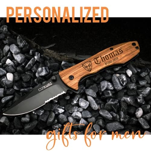 Gifts for Men, Personalized Engraved Oak Wood Pocket Knife - 36 Icons, 20 Stylish Font - Custom Pocket Knives