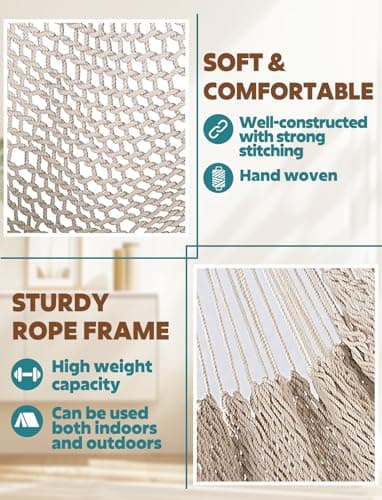 Chihee Hammock Chair Handmade Hanging Chair Cotton Rope Woven Hanging Seat Soft-Spun Large Stretch Hammock Swing, Collapsible Strong Metal Spreader Bar Elegant Macrame Comfort Indoor Outdoor Garden