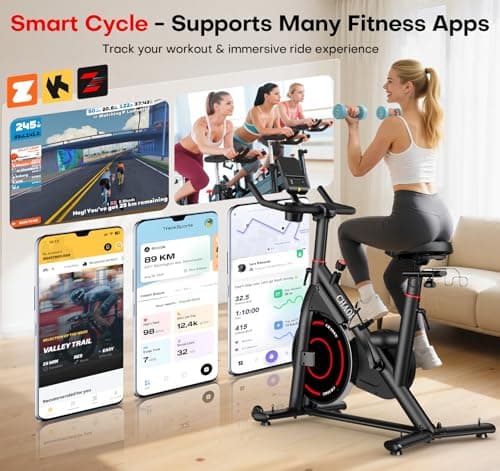 CHAOKE Exercise Bike, Quiet Adjustable Magnetic Stationary Bike for Home Cardio with App Compatible, 350LB Weight Capacity Indoor Cycling Bike with Large Seat, Dumbbell Rack, Pull Cords & LCD Display