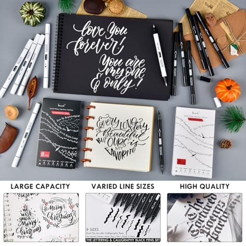 Brusarth Calligraphy Pens, 8 Size Dual Tip Black Acrylic Calligraphy markers for Writing, Brush Pens Calligraphy Set for Beginners, Hand Lettering Pen for Art Drawing, Sketching, Scrapbooking