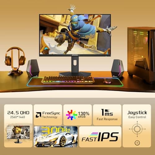 SANSUI 24.5 Inch Gaming Monitor QHD 1440P 300Hz 240Hz, 1ms Fast IPS Computer Monitor, 2× HDMI 2.1 Up to 300Hz, 2× DP 1.4 Up to 300Hz, 130% sRGB Eye Care VESA Support (DP Cable Included ES-G25F6Q Pro)
