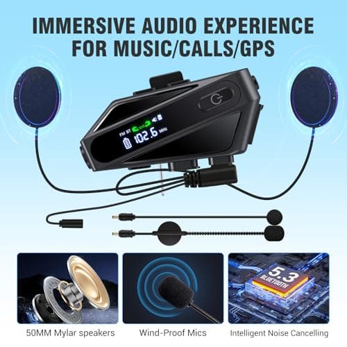 Motorcycle Helmet Bluetooth Headset, C6 Helmet Speakers with 2 Type Mics, Intercom/Hands-Free Call/Music/Waterproof/Noise Cancellation/Wake Up Siri, Suitable for Motorcycles, Skiing, and Cycling