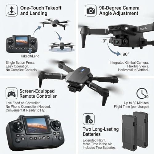 E88 Drone with Screen Controller with SD card, Foldable Mini Drone for Beginners, 2 Batteries, 360° Flips Waypoint Fly, Active Obstacle Avoidance, One Key Take Off/Landing. (2 batteries - Black)